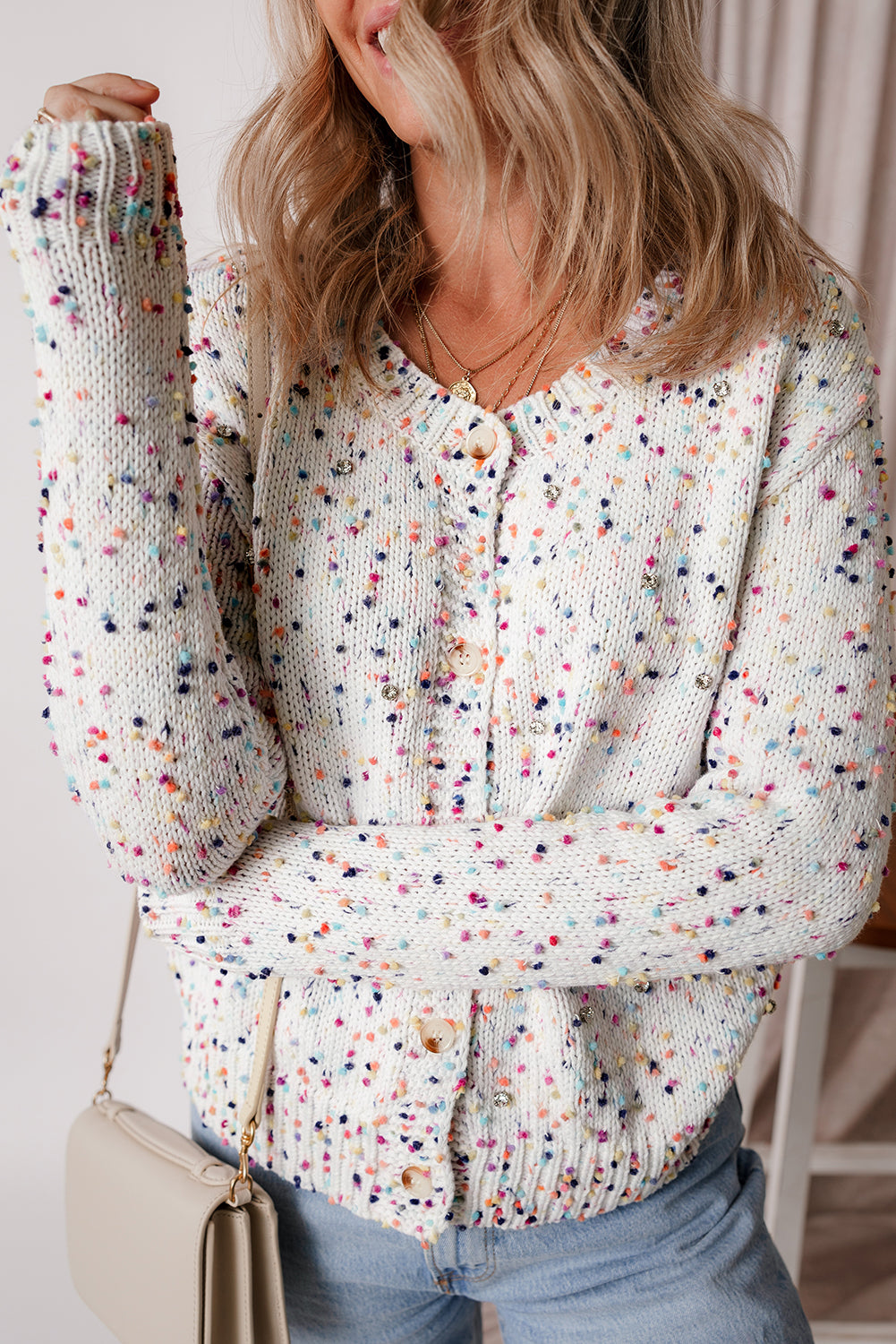 Kendall – Rhinestone Embellished Confetti Knit Cardigan Sweater
