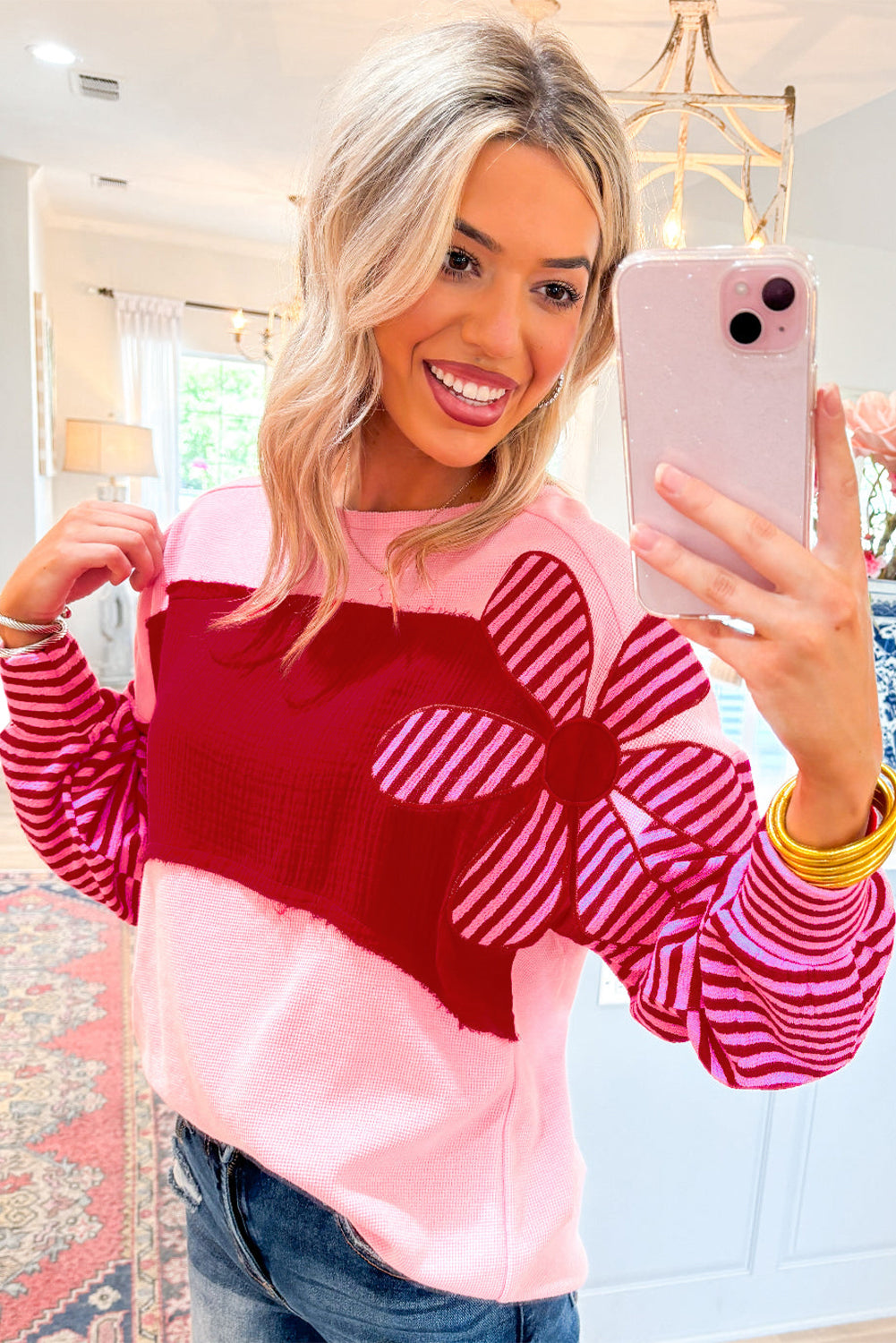 Lilith – Floral Patch Colorblock Striped Sleeve Textured Knit Top