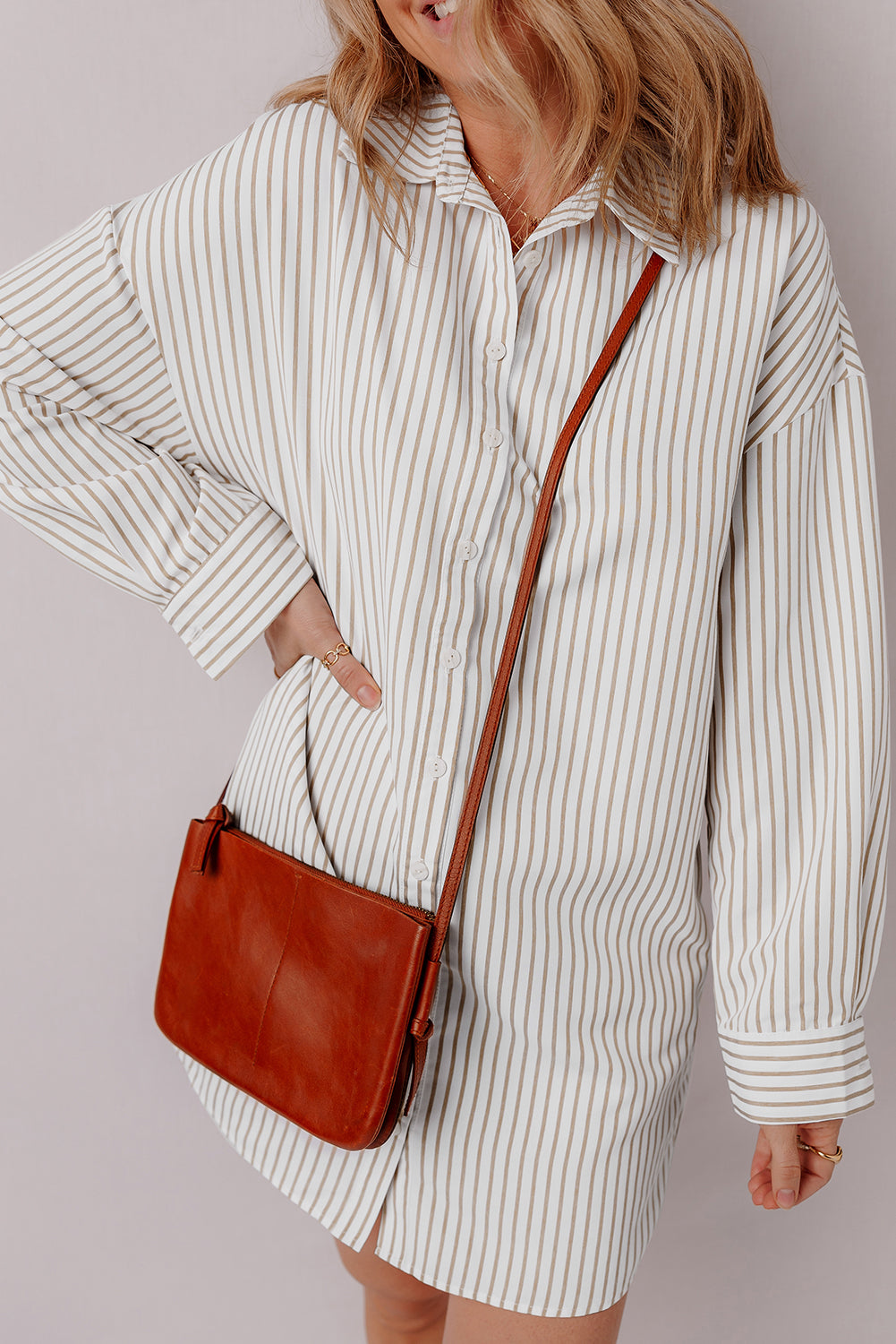 Presley – Khaki Striped Long Sleeve Button-Up Shirt Dress