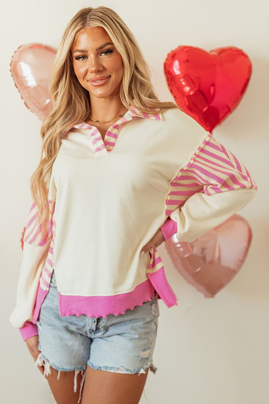 Haven – Pink Colorblock Striped Patchwork Collared Knit Top