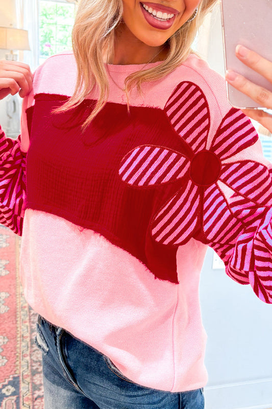 Lilith – Floral Patch Colorblock Striped Sleeve Textured Knit Top