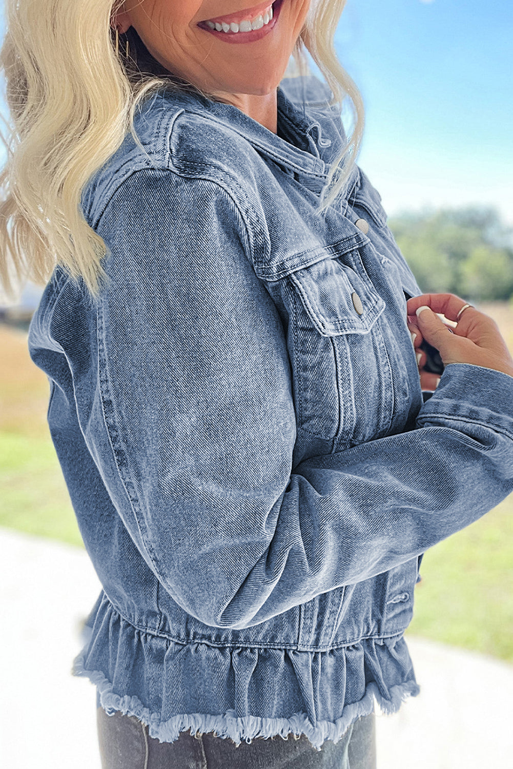 Evangeline – Beau Blue Denim Jacket with Ruffle Trim, Raw Hem & Flap Pockets