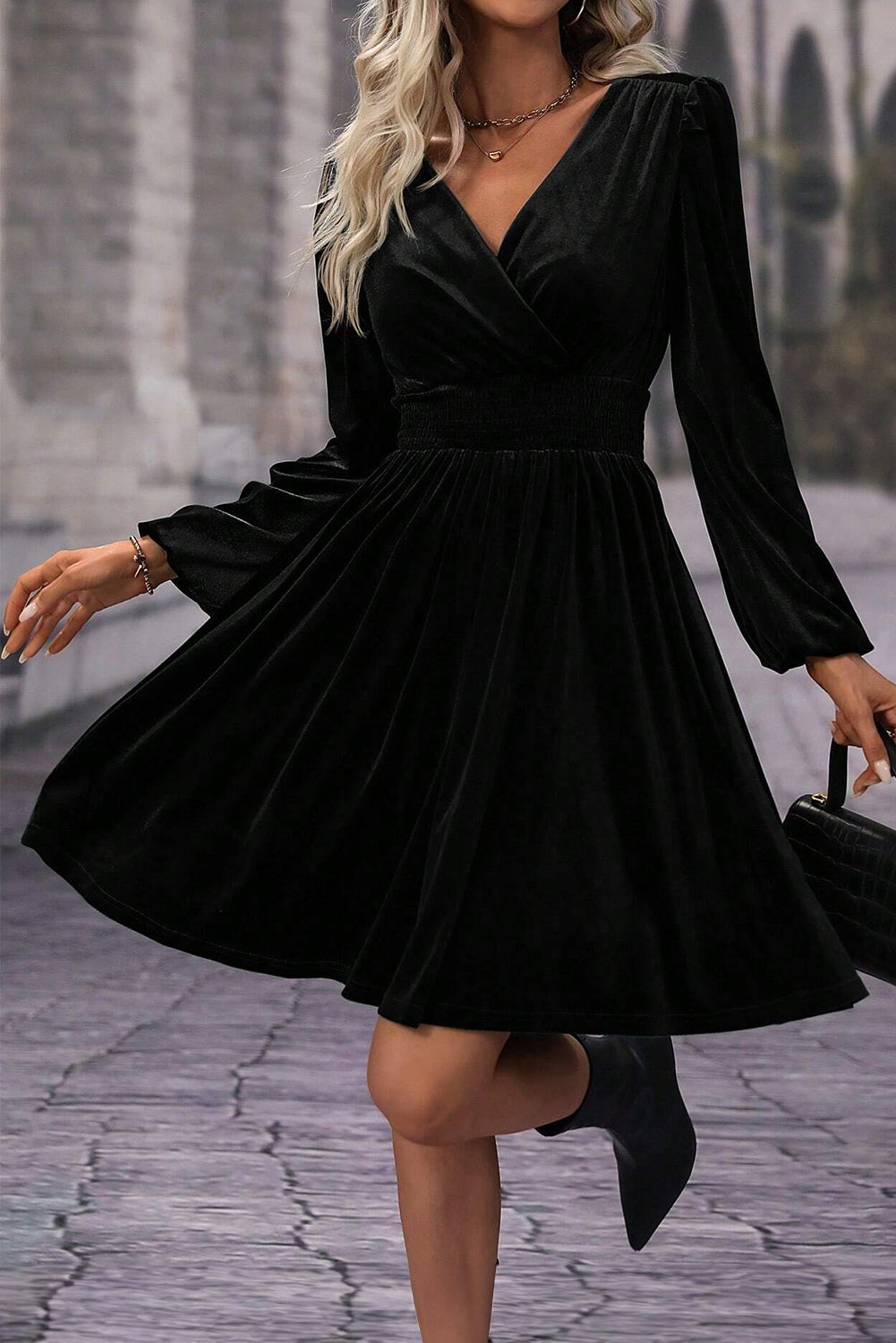 Finley – Black Velvet High Waist Long Sleeve Mini Dress