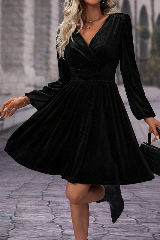 Finley – Black Velvet High Waist Long Sleeve Mini Dress