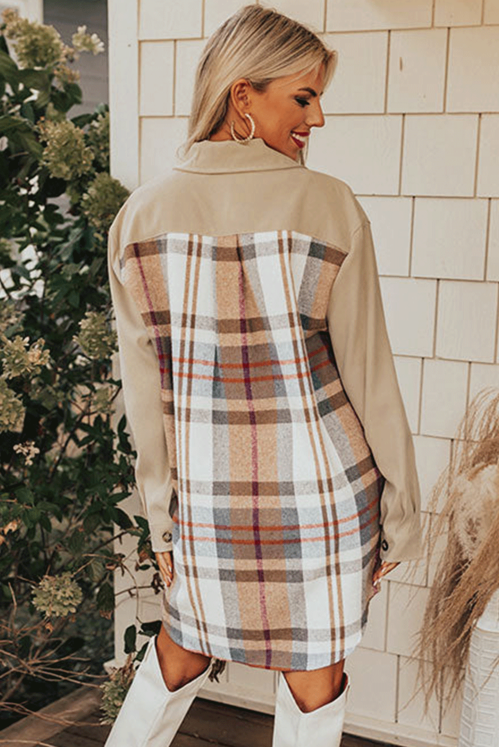 Adelaide – Khaki Plaid Patchwork Long Sleeve Shirt Mini Dress