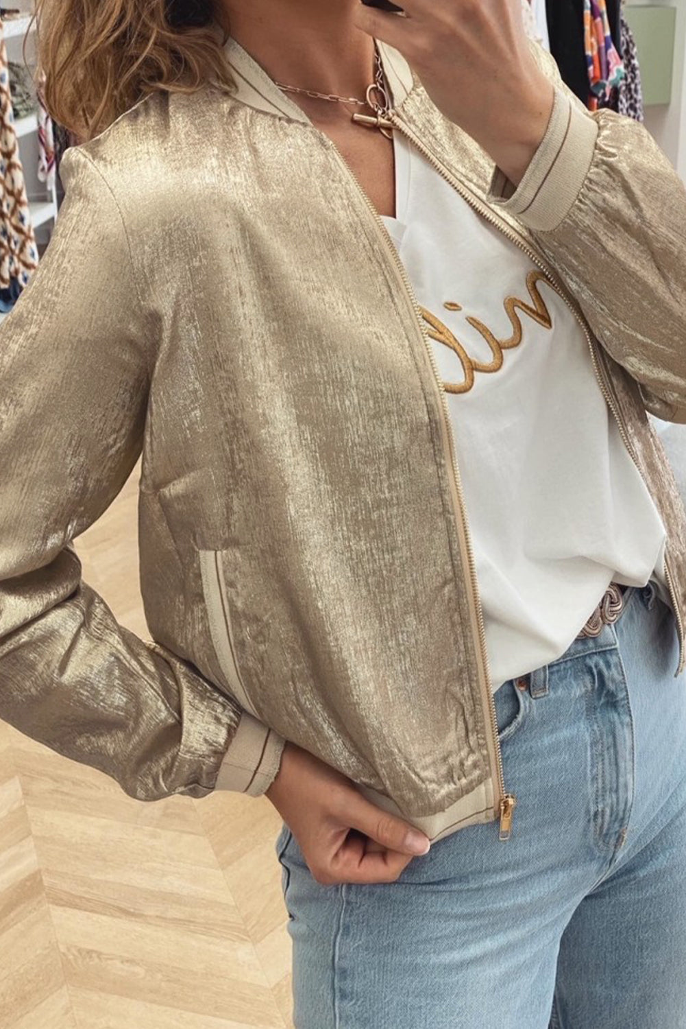 Aspen – Pale Khaki Metallic Zip-Up Baseball Jacket