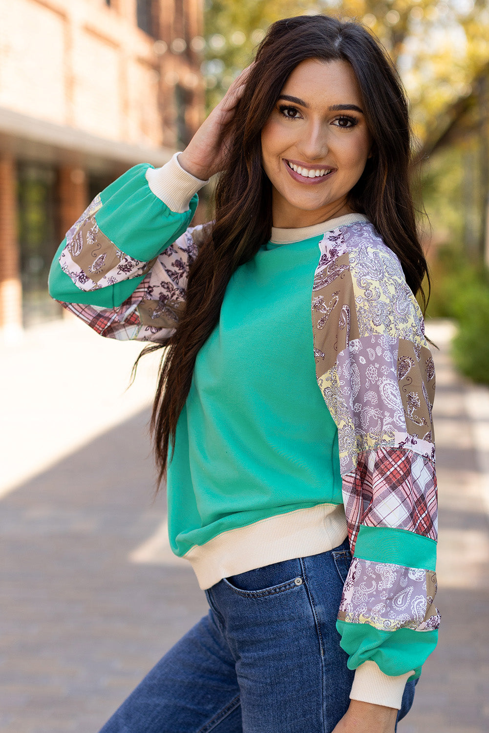 Kiara – Aruba Blue Patchwork Raglan Long Sleeve Top