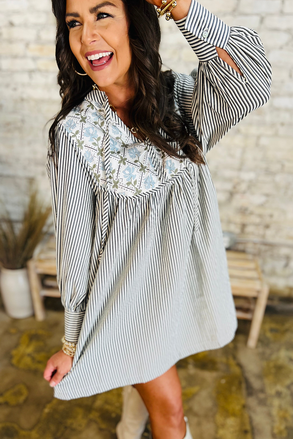 Phoebe – Black Striped Floral Patchwork V-Neck Long Sleeve Mini Dress