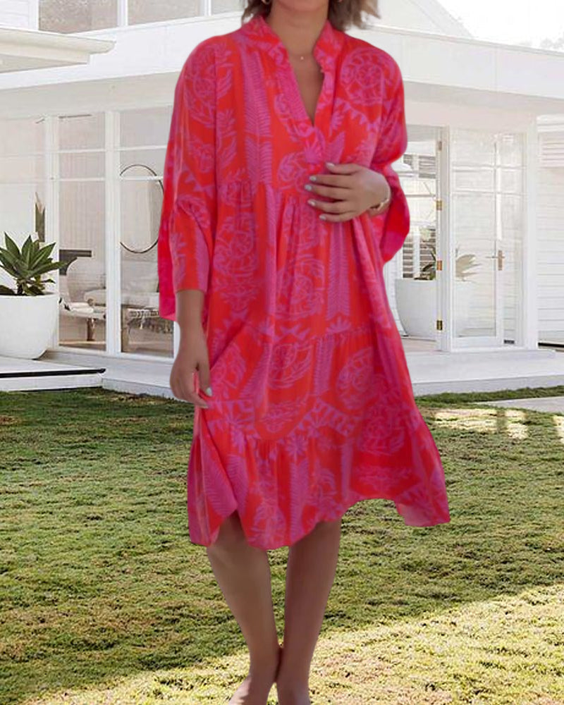 Bryanna - Trendy V-Neck Loose Summer Dress with Boho Print