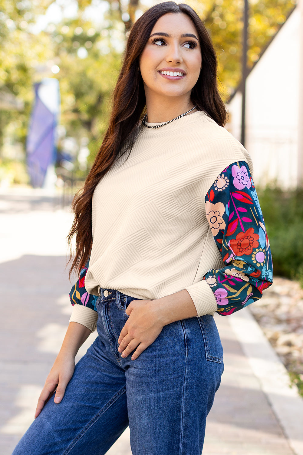 Kimberly – Drop Shoulder Knit Top with Floral Contrast Sleeves