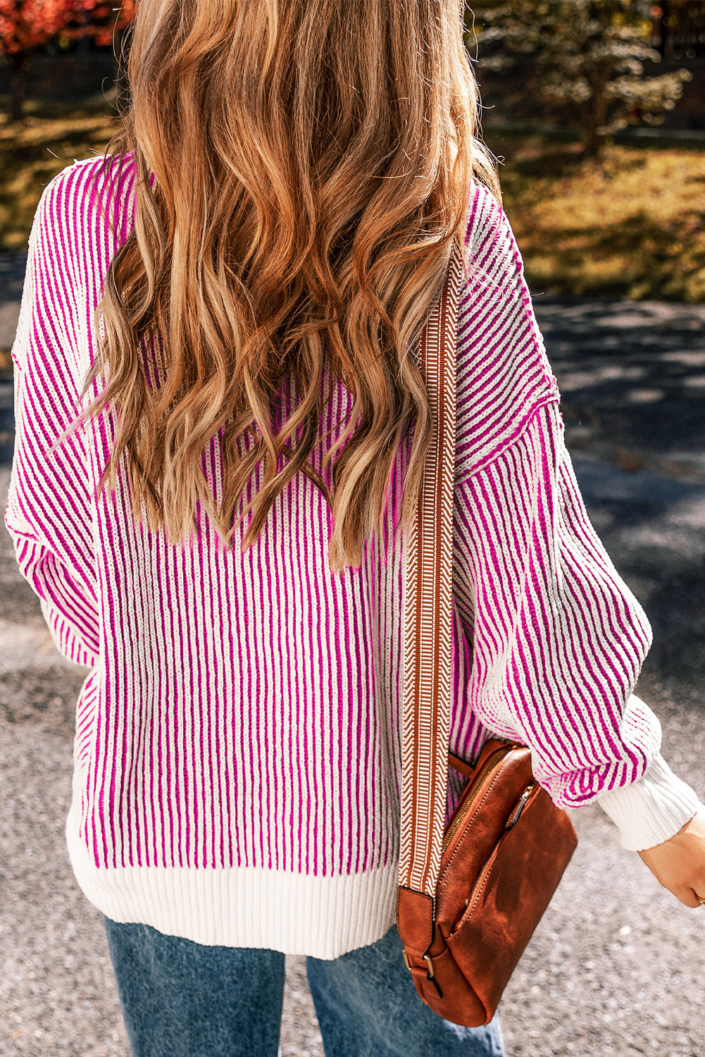 Navy – Women's Striped Textured Knit Loose Fit Sweater