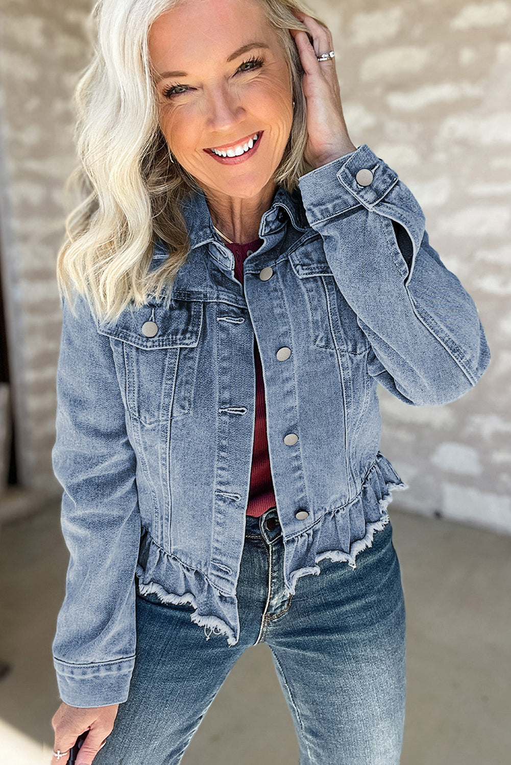 Evangeline – Beau Blue Denim Jacket with Ruffle Trim, Raw Hem & Flap Pockets