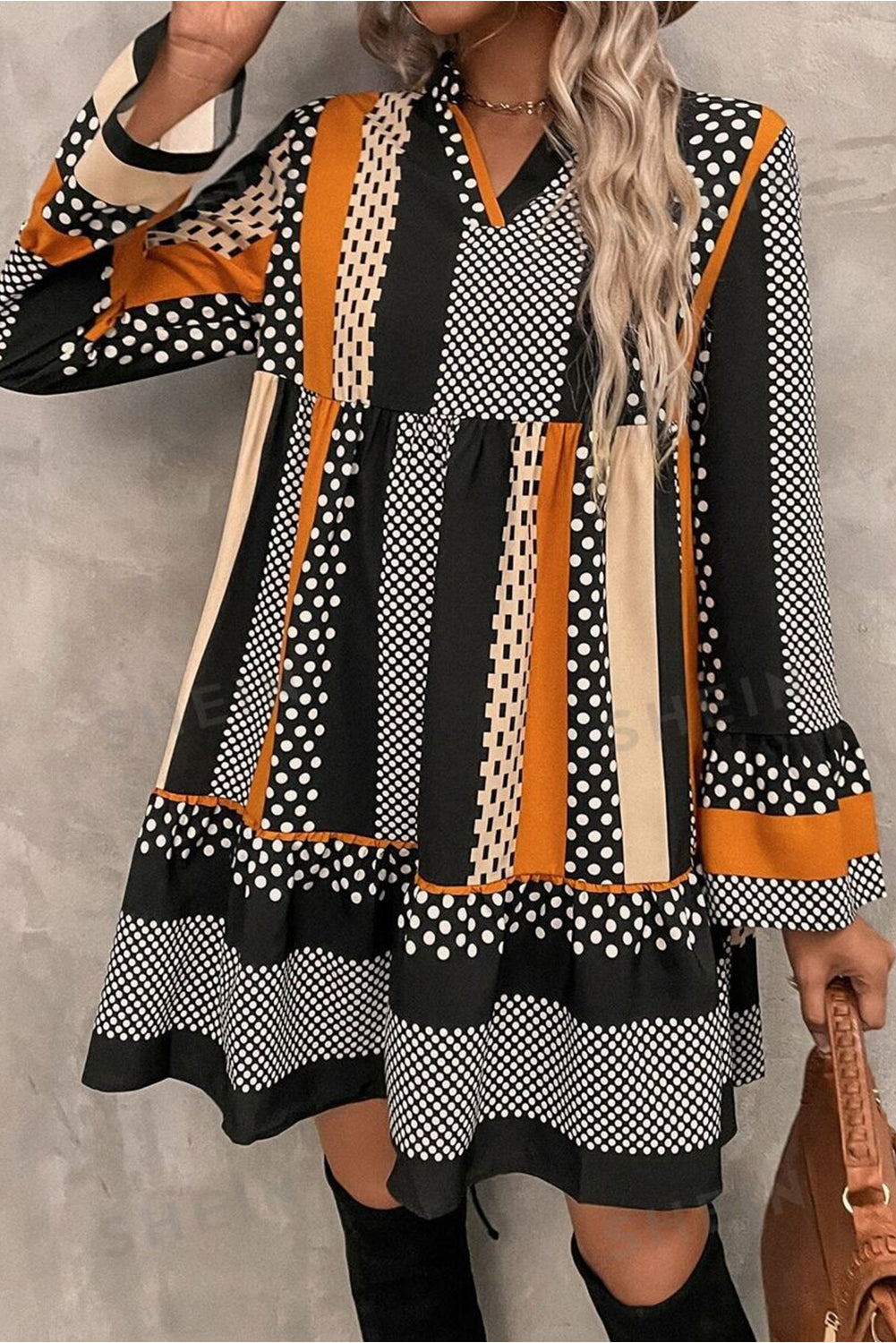 Lilah – Black Mixed Print Mini Dress with Ruffled Hem & V-Neck