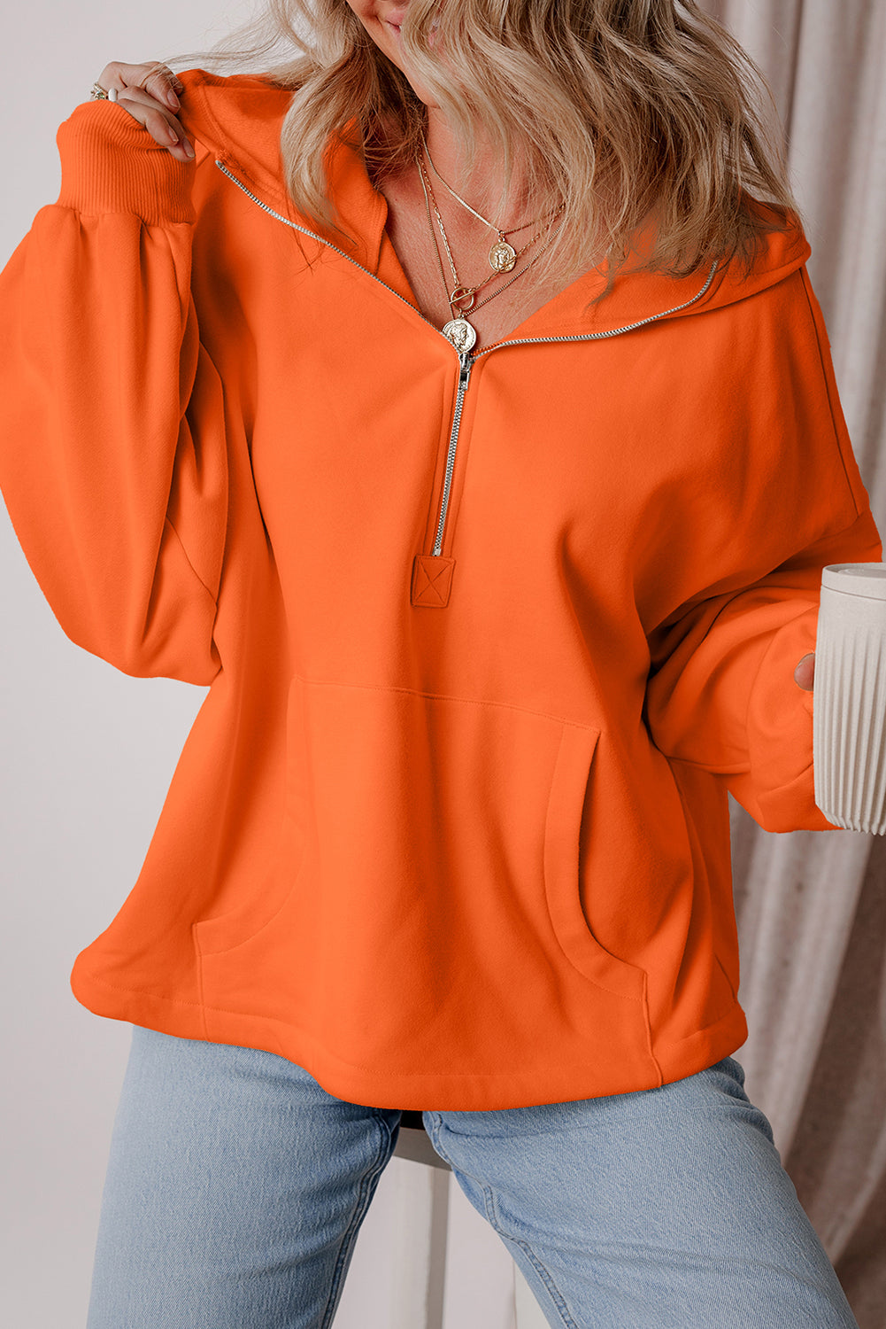 Thea – Fleece Lined Half-Zip Hoodie with Kangaroo Pocket