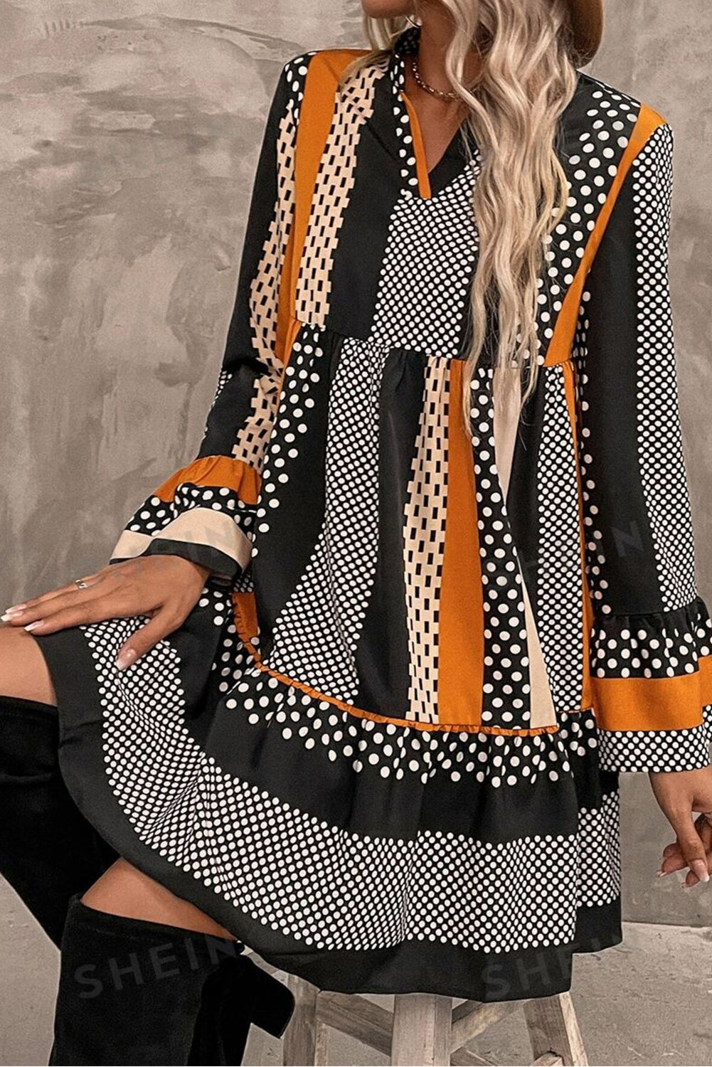 Lilah – Black Mixed Print Mini Dress with Ruffled Hem & V-Neck