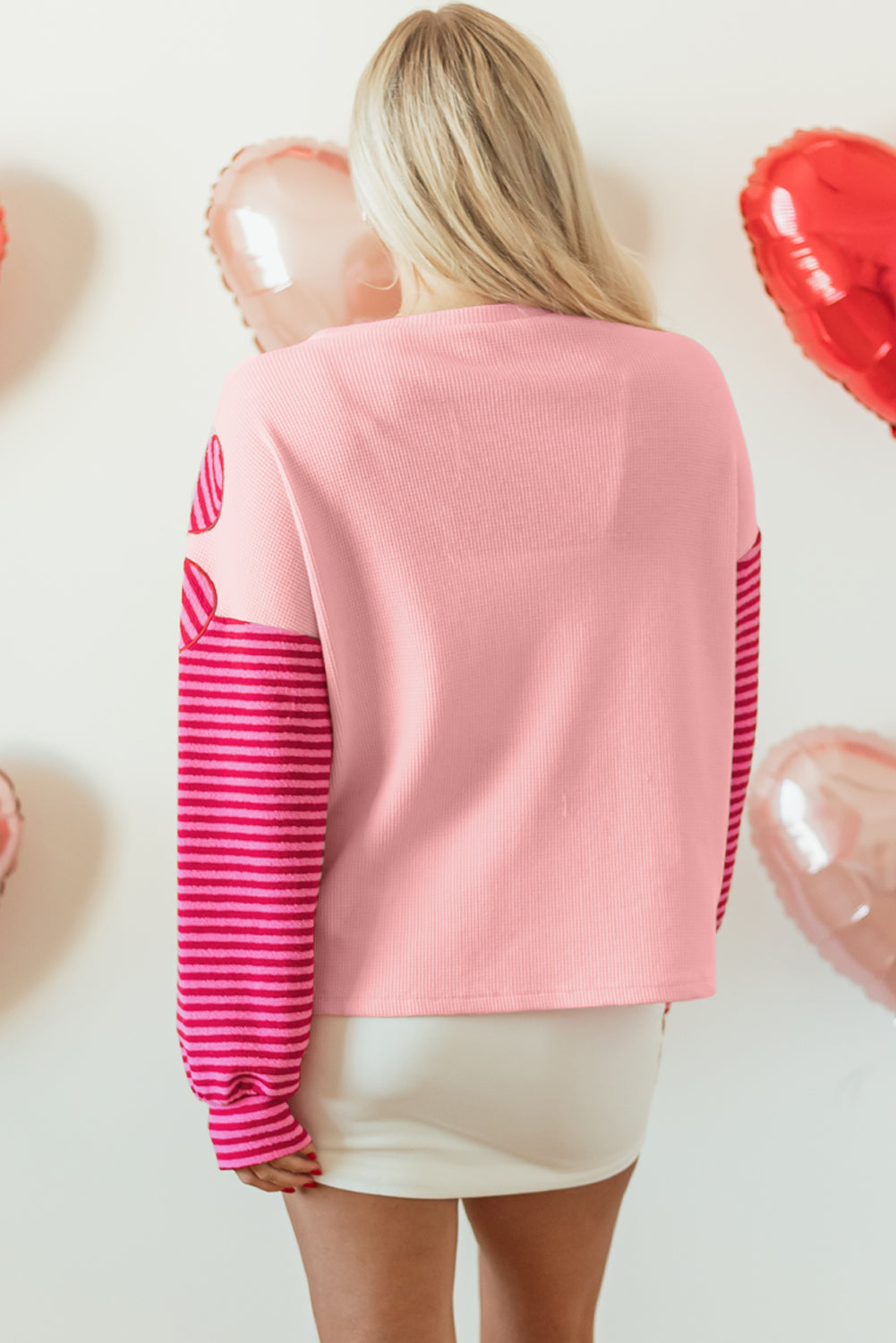 Lilith – Floral Patch Colorblock Striped Sleeve Textured Knit Top