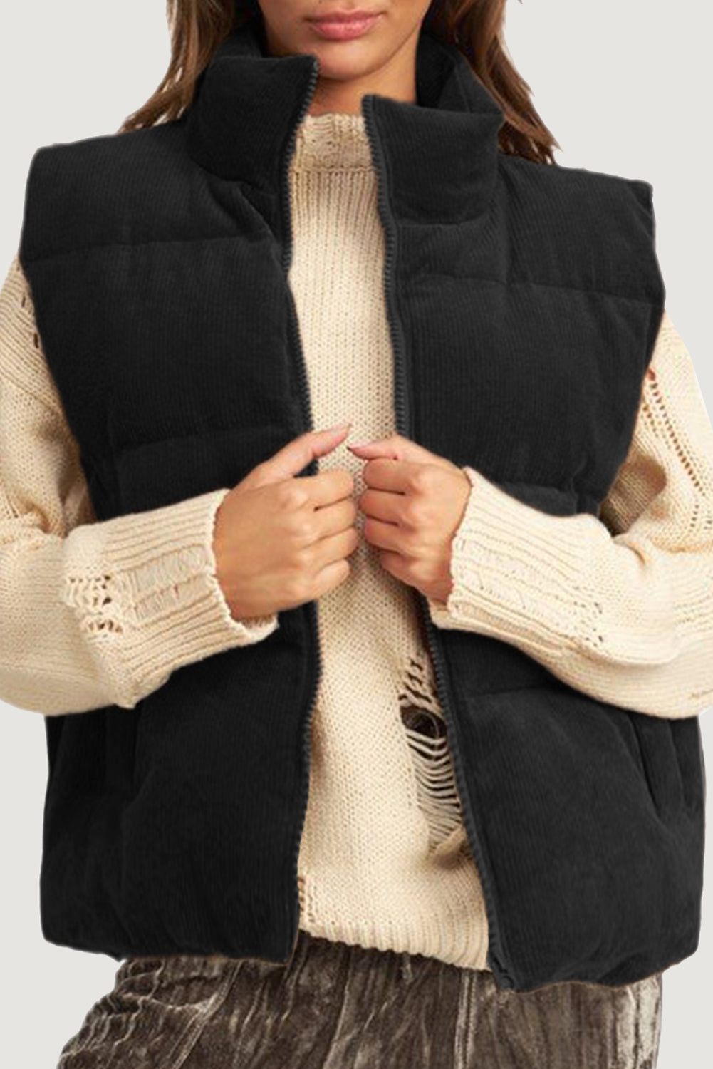 Madilyn – Women's Corduroy Zipped Stand Neck Puffer Vest