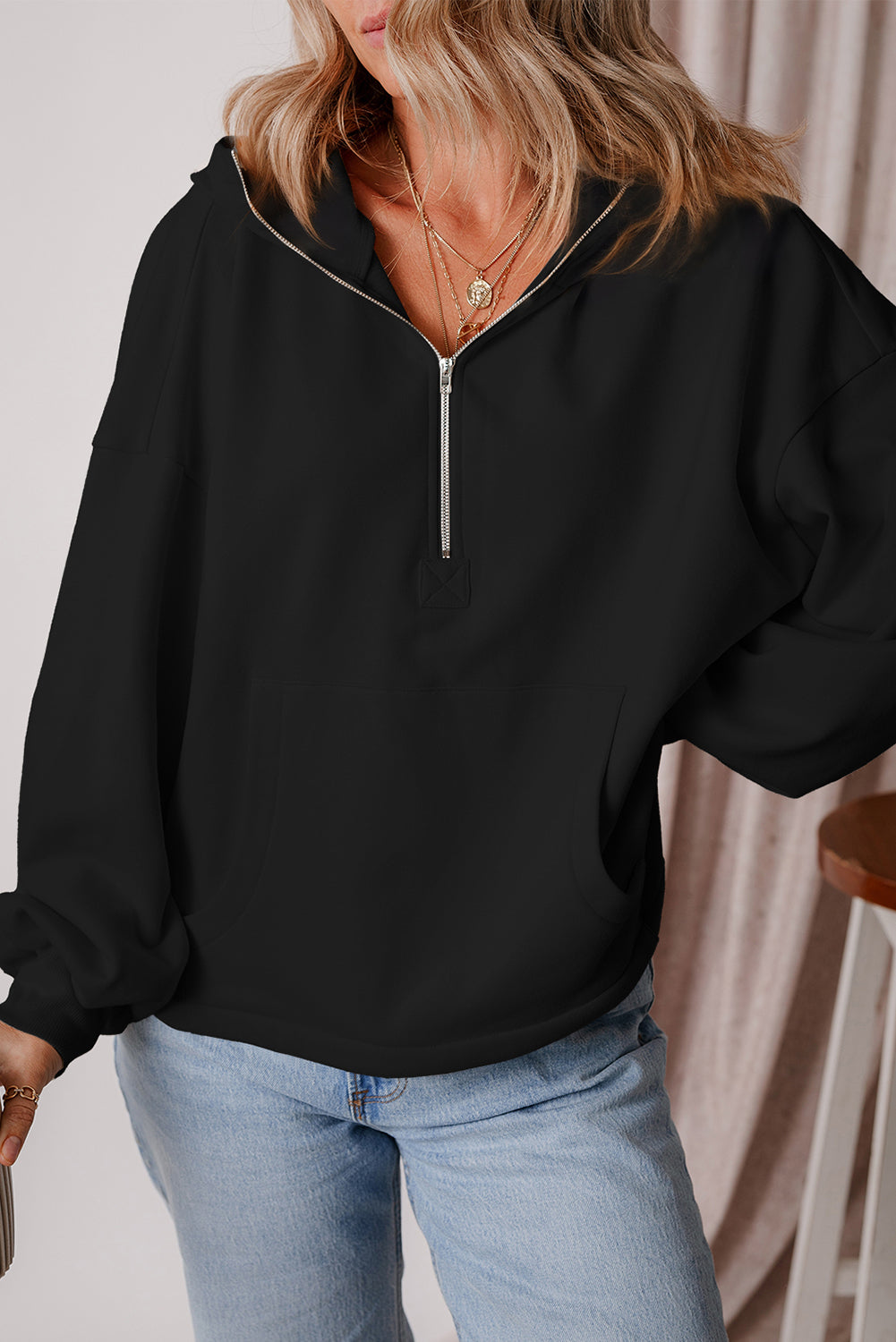 Thea – Fleece Lined Half-Zip Hoodie with Kangaroo Pocket