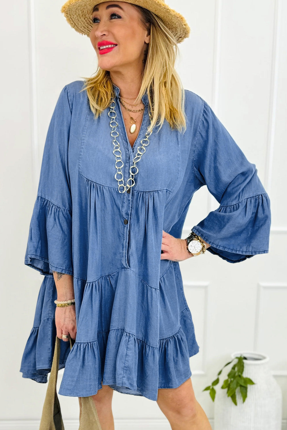 Hallie – Sky Blue Chambray Mini Dress with Ruffled Sleeves & Tiered Hem