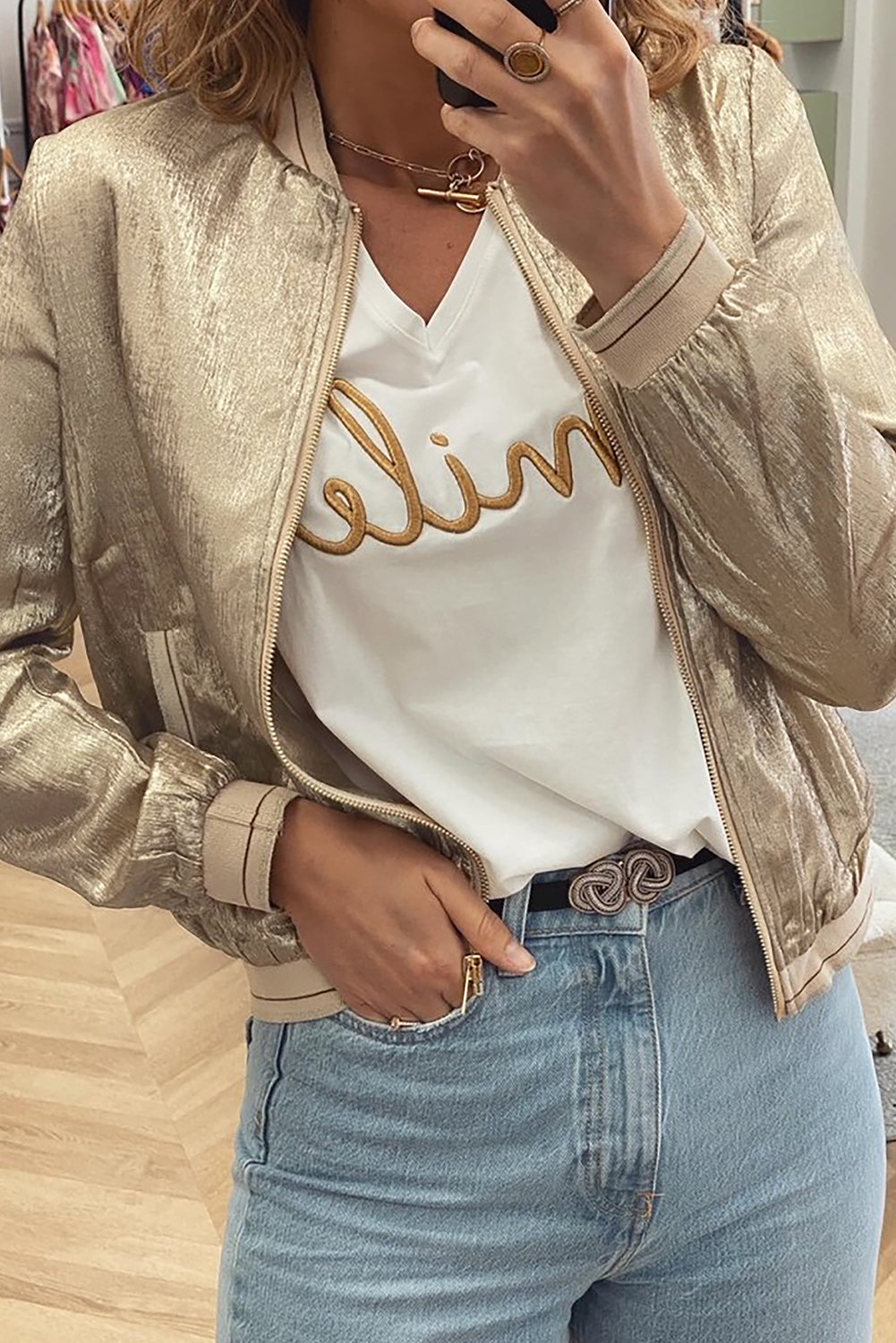 Aspen – Pale Khaki Metallic Zip-Up Baseball Jacket