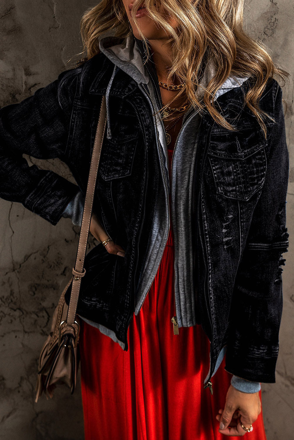 Maisie – Hooded Two-Piece Look Zip-Up Denim Jacket