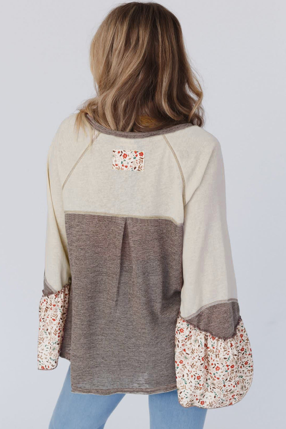 Juliana – Goat Colorblock Floral Patchwork Flared Sleeve Buttons Henley Top