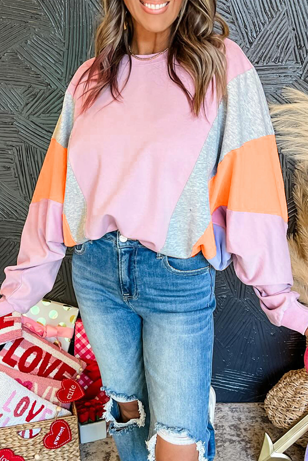 Nicole – Light Pink Color Block Loose Fit Sweatshirt