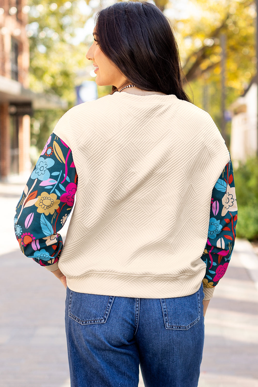 Kimberly – Drop Shoulder Knit Top with Floral Contrast Sleeves