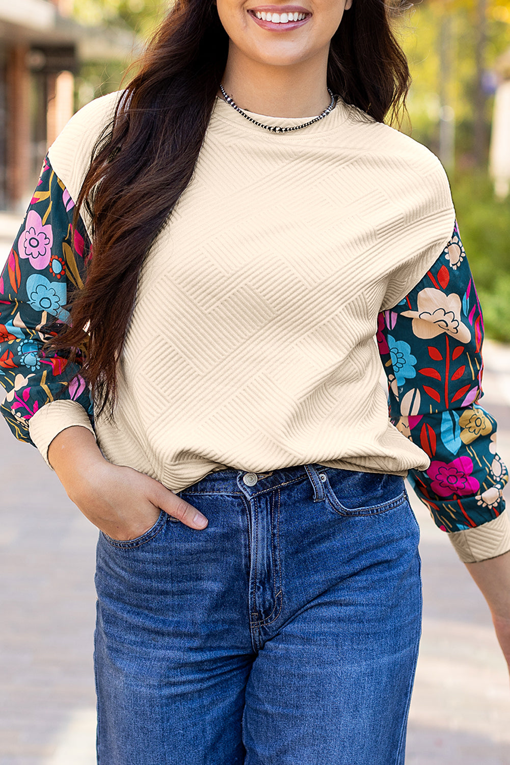 Kimberly – Drop Shoulder Knit Top with Floral Contrast Sleeves