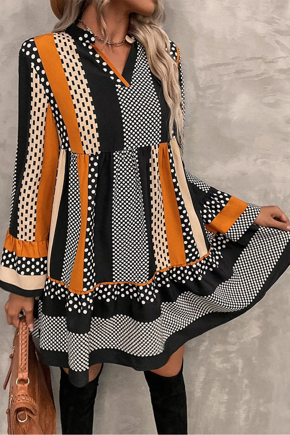 Lilah – Black Mixed Print Mini Dress with Ruffled Hem & V-Neck