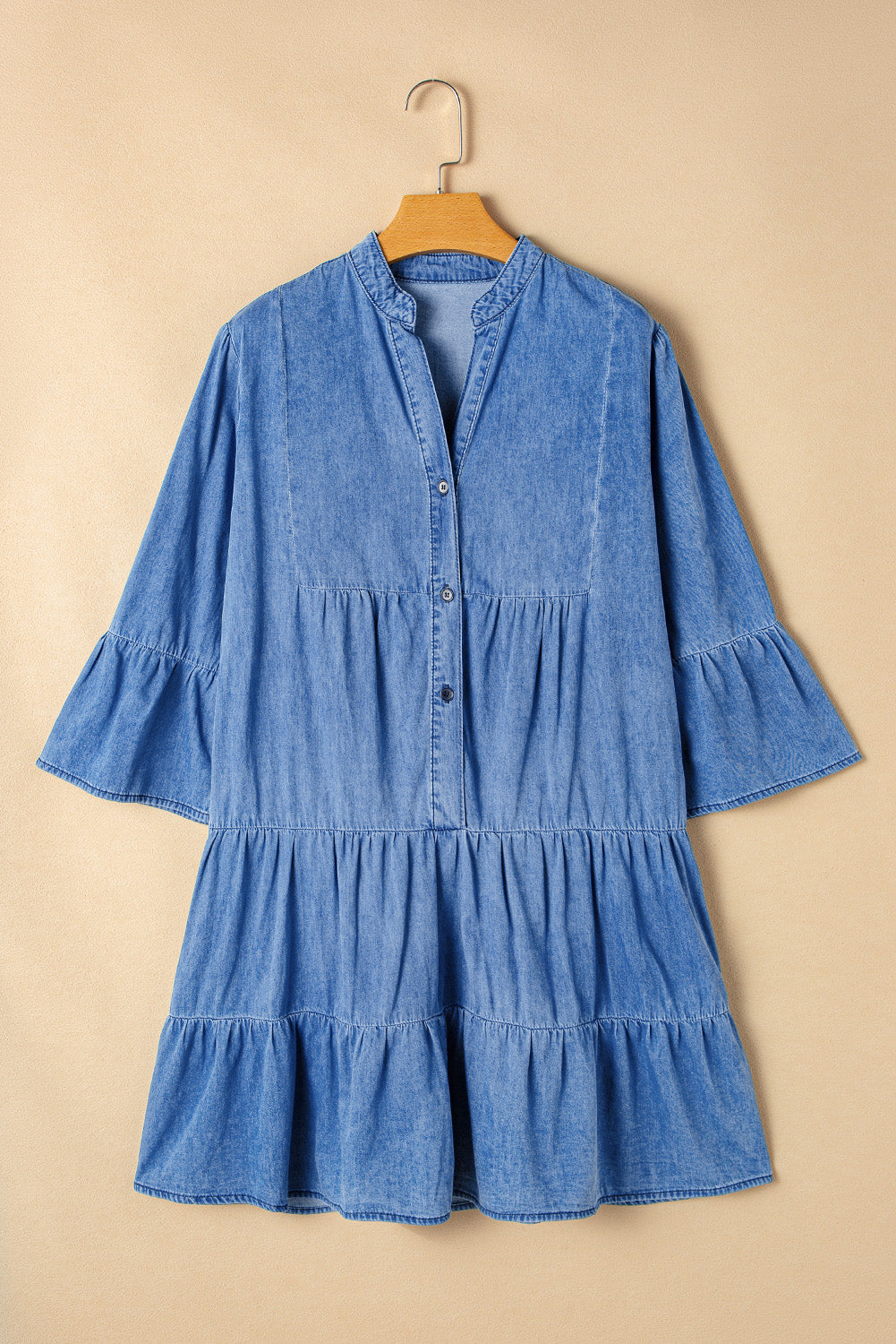 Hallie – Sky Blue Chambray Mini Dress with Ruffled Sleeves & Tiered Hem