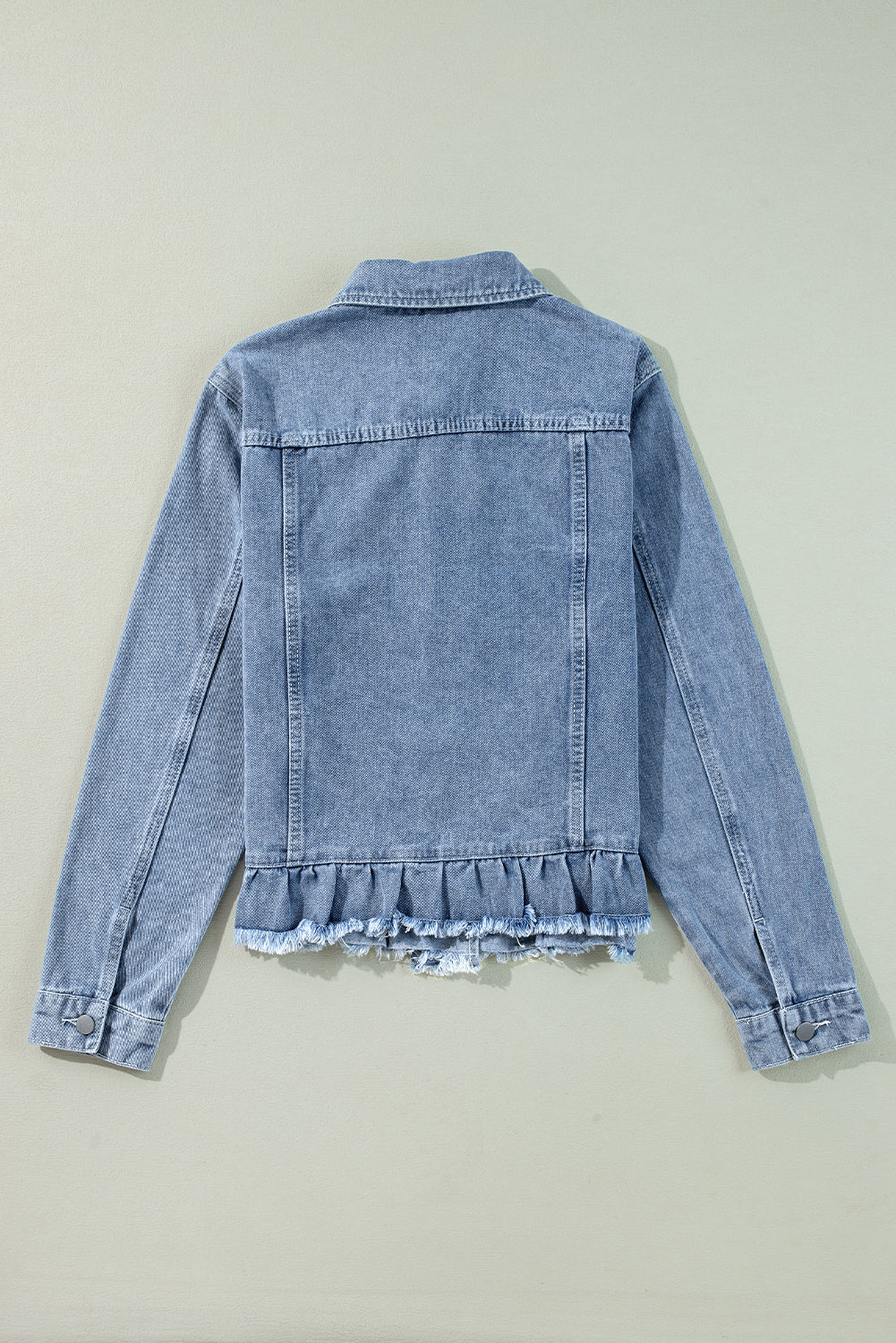 Evangeline – Beau Blue Denim Jacket with Ruffle Trim, Raw Hem & Flap Pockets