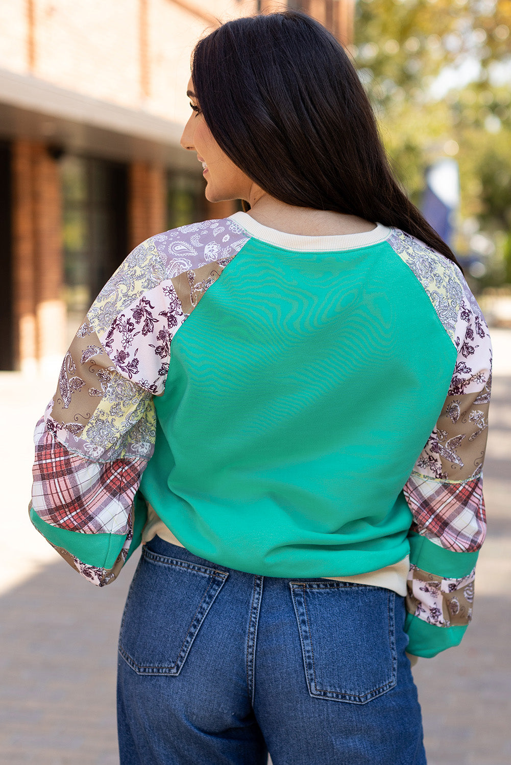 Kiara – Aruba Blue Patchwork Raglan Long Sleeve Top