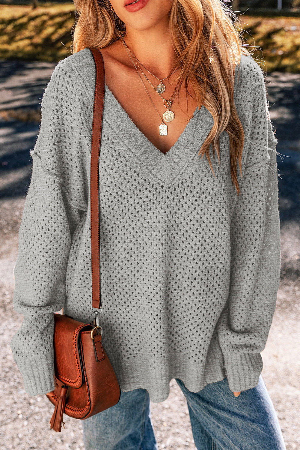 Camilla – Loose Knit V-Neck Sweater with Eyelet Detail