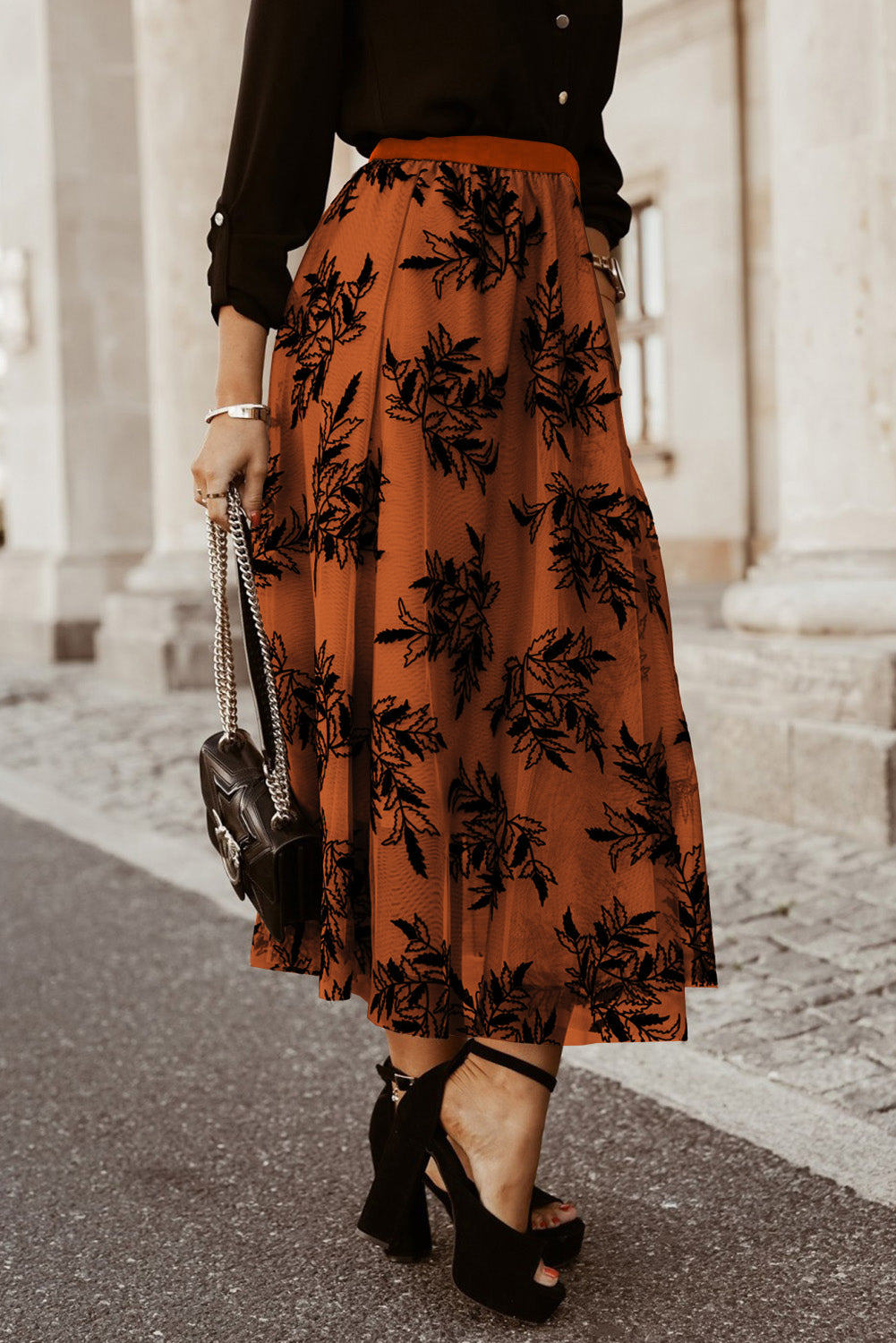 Harlow – Gold Flame Floral Leaves Embroidered High Waist Maxi Skirt