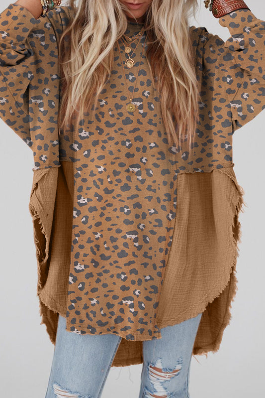Gabriela – Oversized Leopard Patchwork Raw Edge Blouse