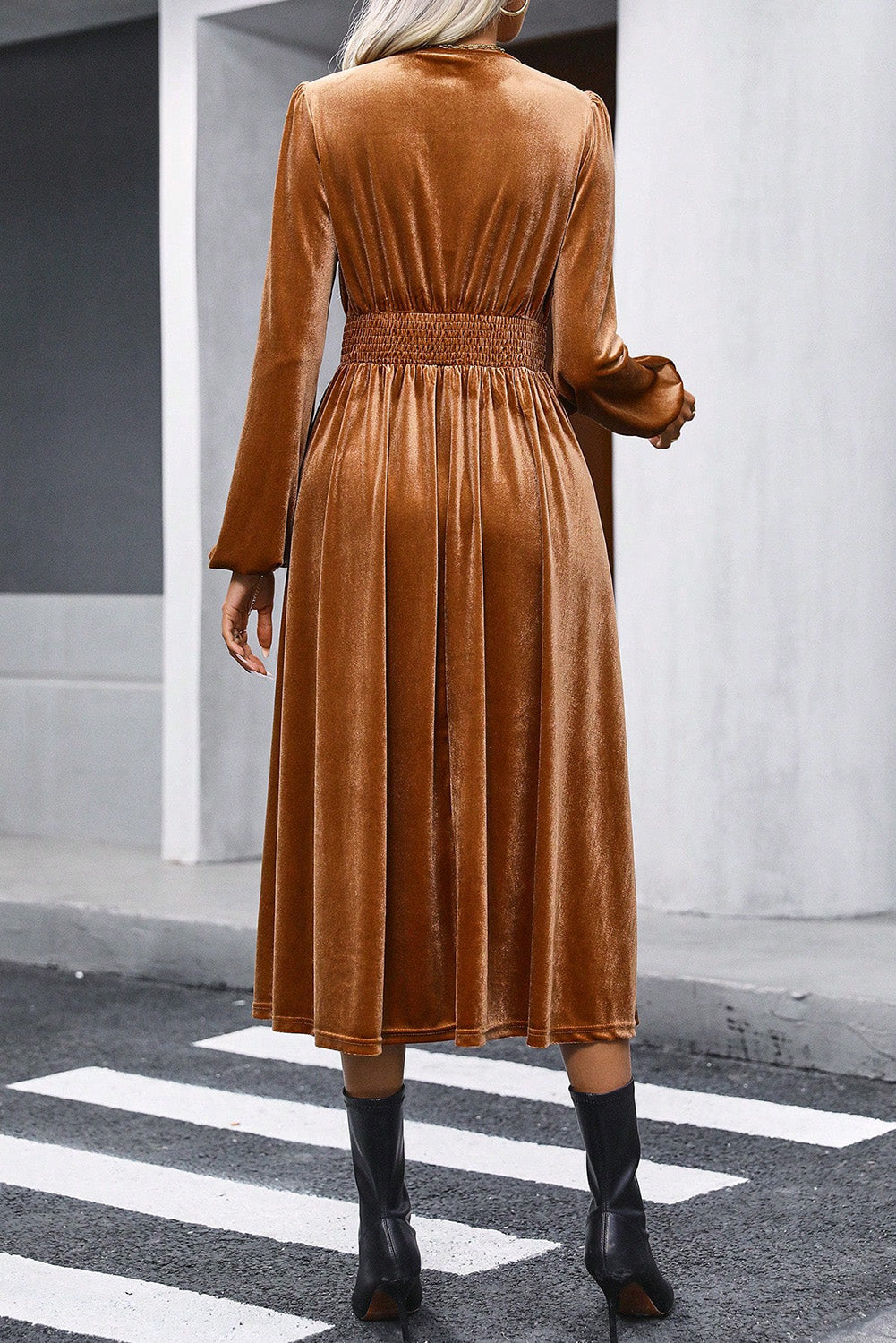 Wren – Camel Velvet Midi Dress with V-Neck, Smocked Waist & Long Sleeves