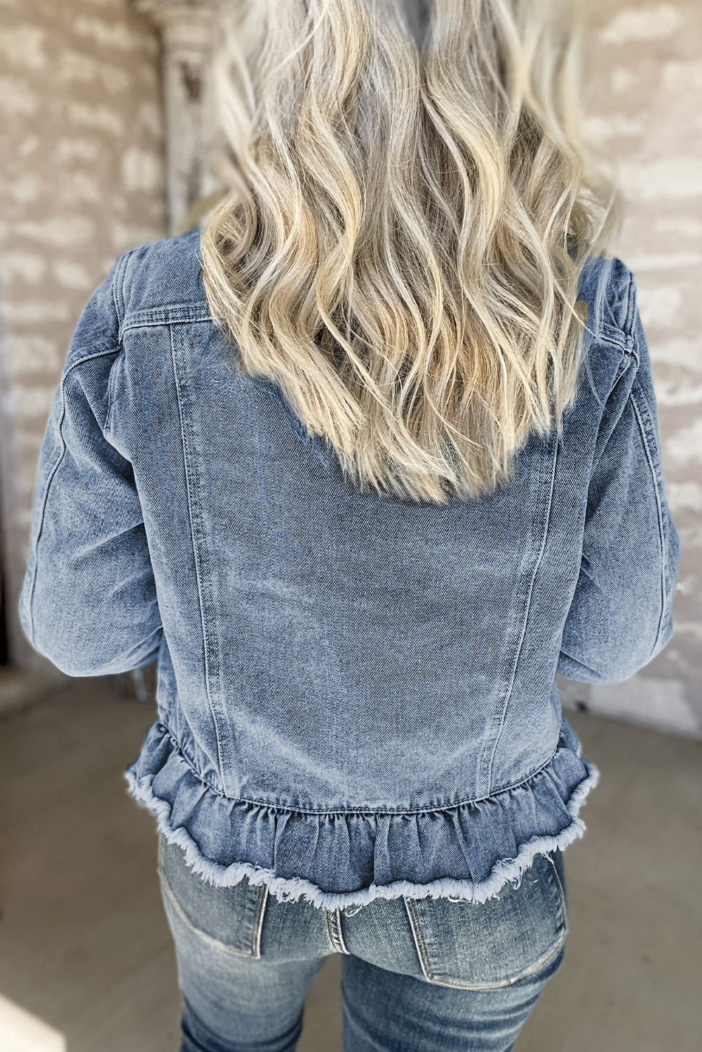Evangeline – Beau Blue Denim Jacket with Ruffle Trim, Raw Hem & Flap Pockets