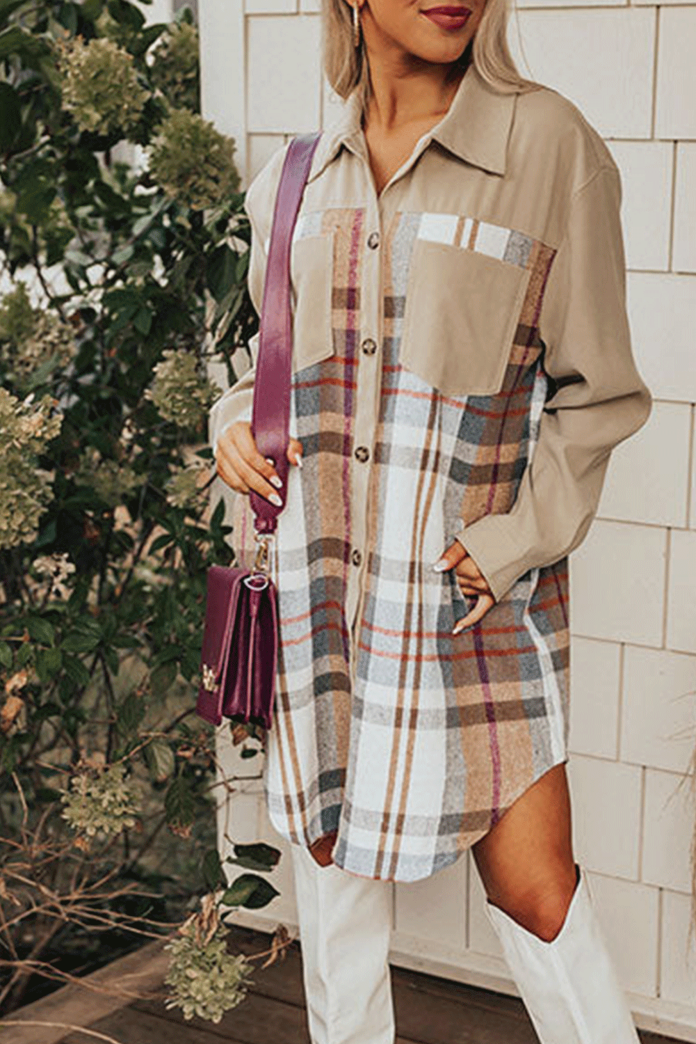 Adelaide – Khaki Plaid Patchwork Long Sleeve Shirt Mini Dress
