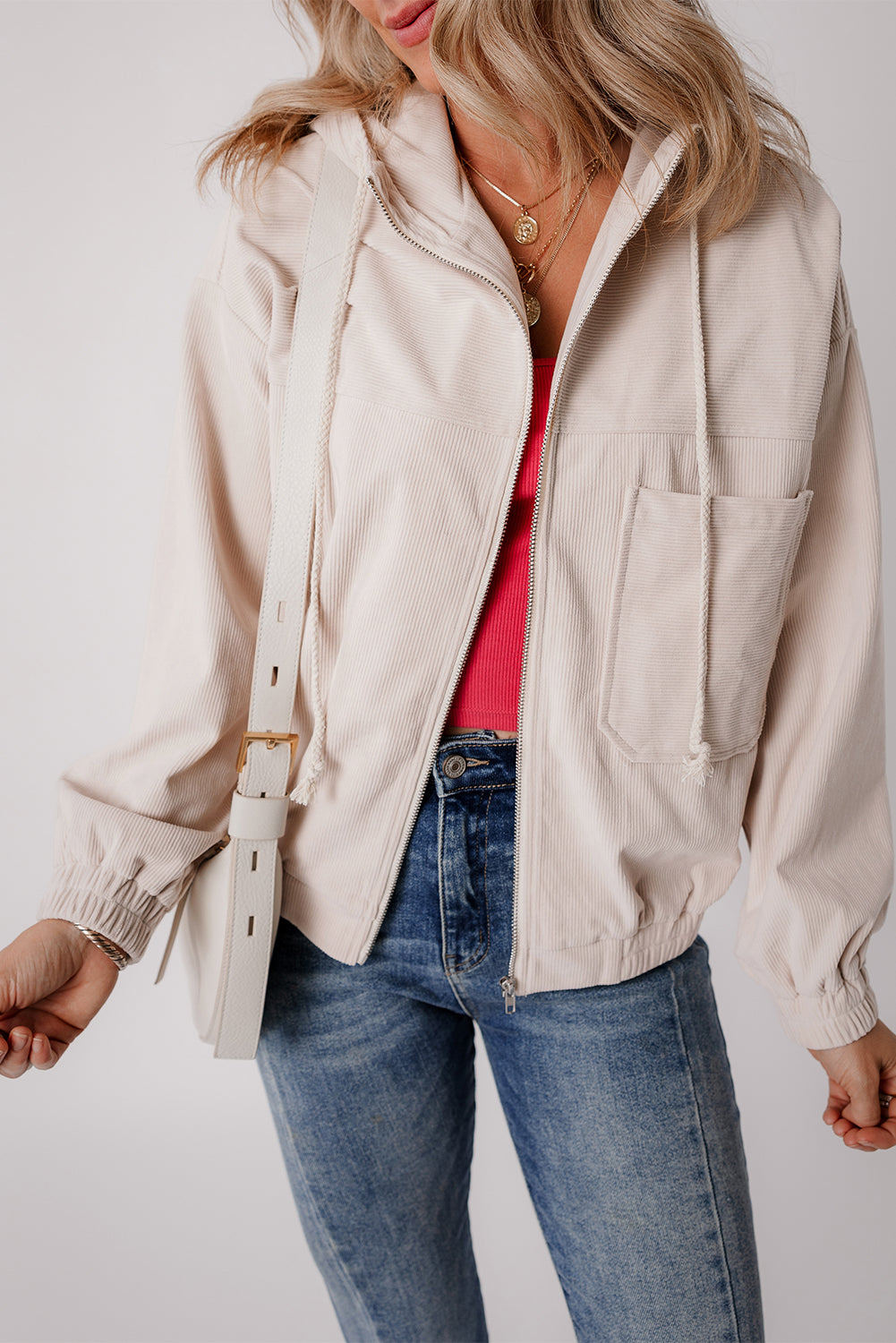 Journee – White Corduroy Zip-Up Jacket with Hood