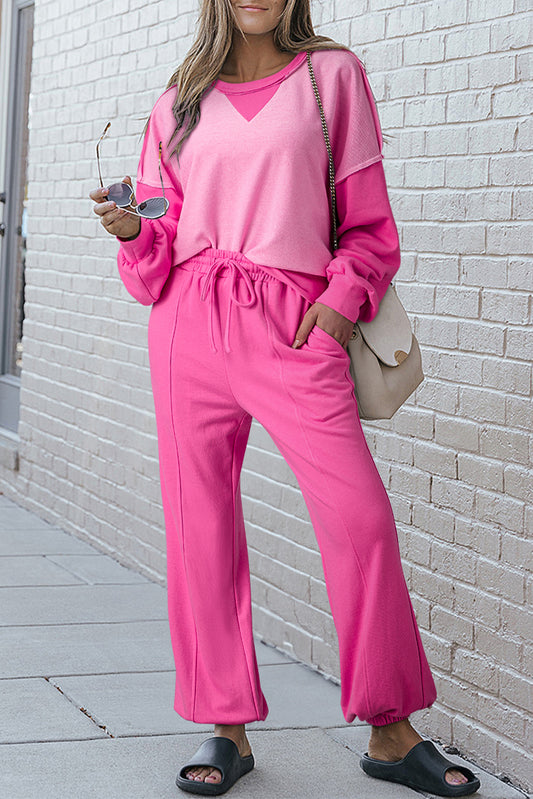 Lilly – Bonbon Contrast Patchwork Pullover and Drawstring Joggers Set