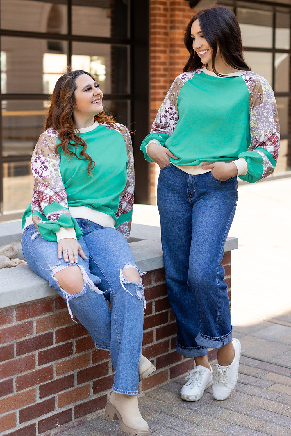 Kiara – Aruba Blue Patchwork Raglan Long Sleeve Top
