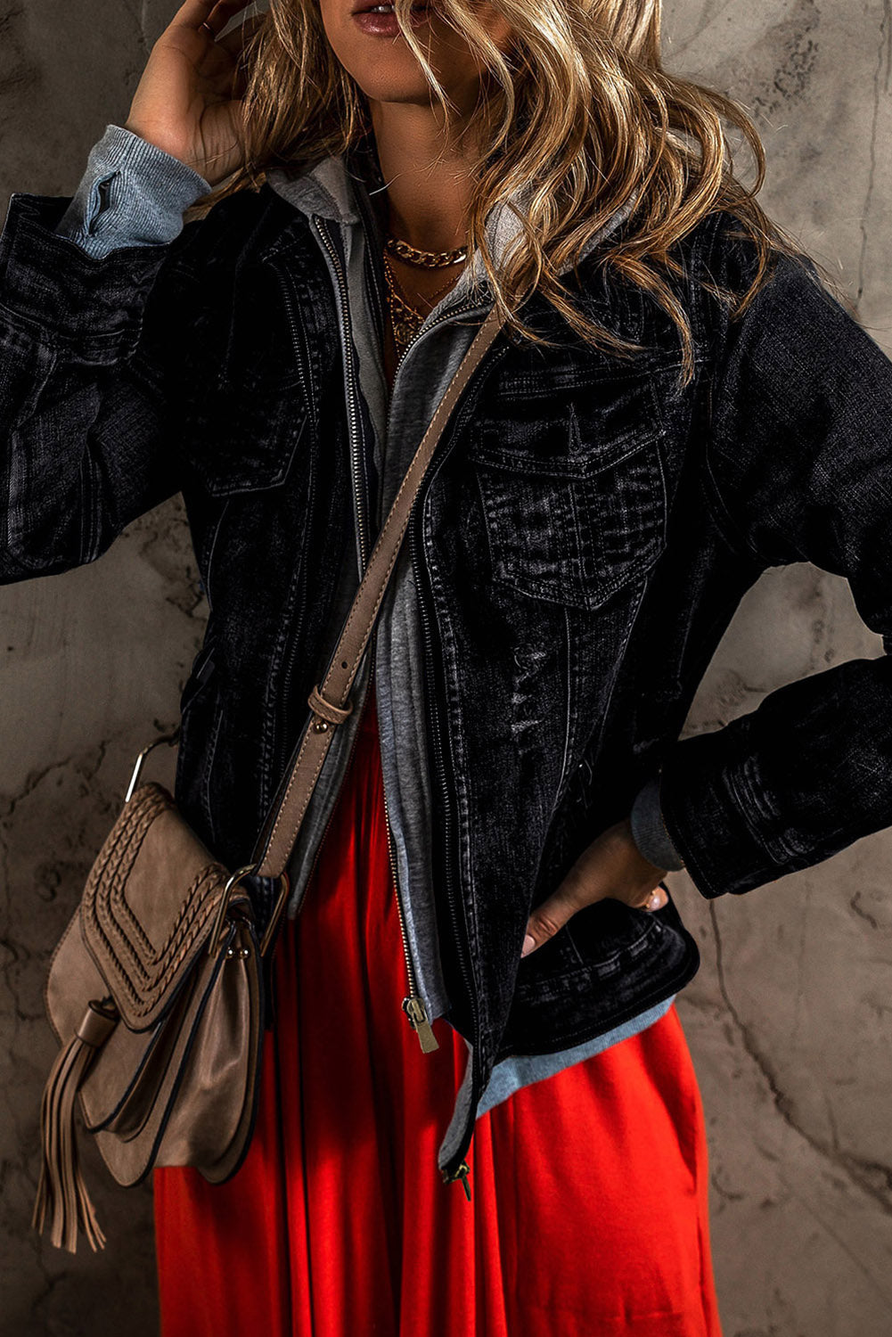 Maisie – Hooded Two-Piece Look Zip-Up Denim Jacket
