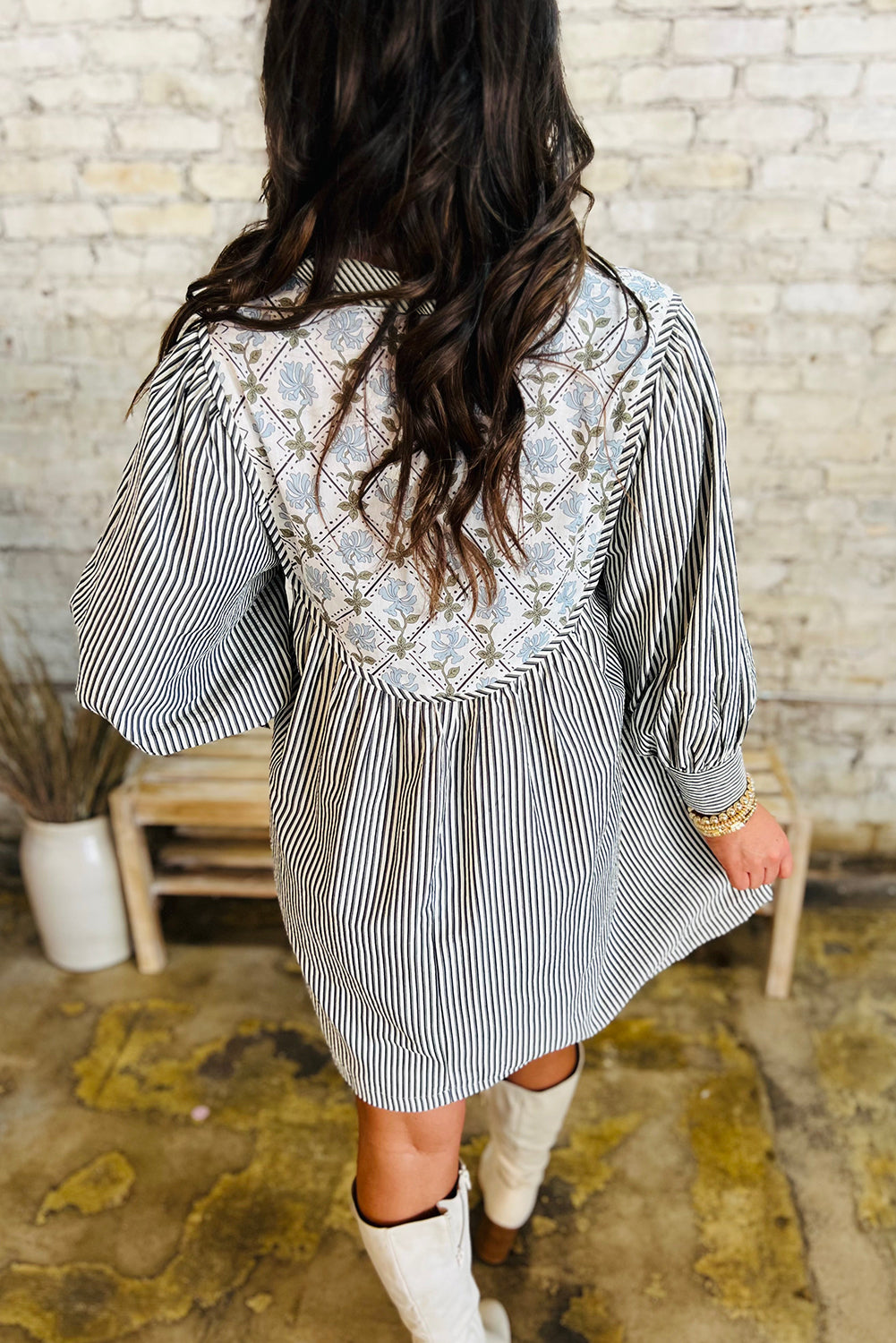 Phoebe – Black Striped Floral Patchwork V-Neck Long Sleeve Mini Dress