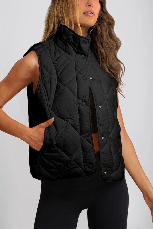 Amina – Quilted High Neck Button-Up Vest with Front Pockets