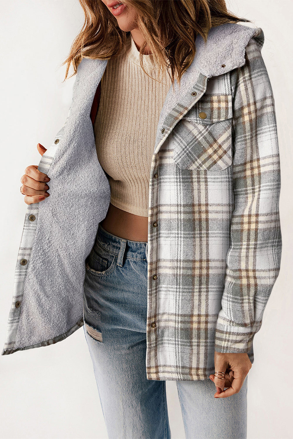Juliet – Plaid Sherpa Lined Hooded Shacket