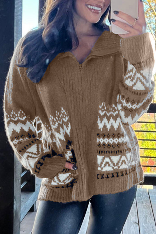 Nina – Western Print Zip-Up Knit Cardigan