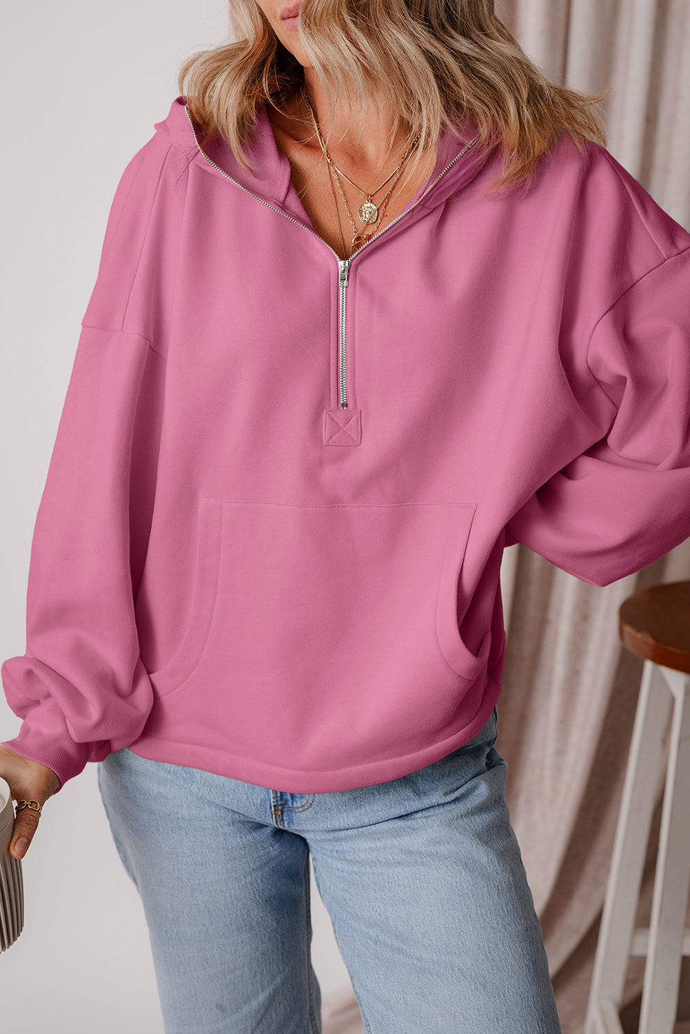 Thea – Fleece Lined Half-Zip Hoodie with Kangaroo Pocket