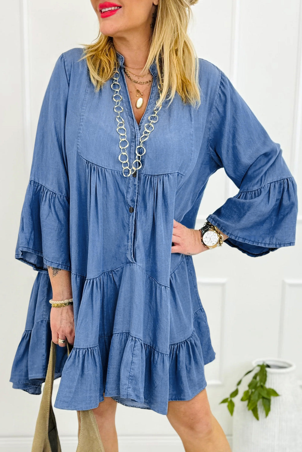 Hallie – Sky Blue Chambray Mini Dress with Ruffled Sleeves & Tiered Hem