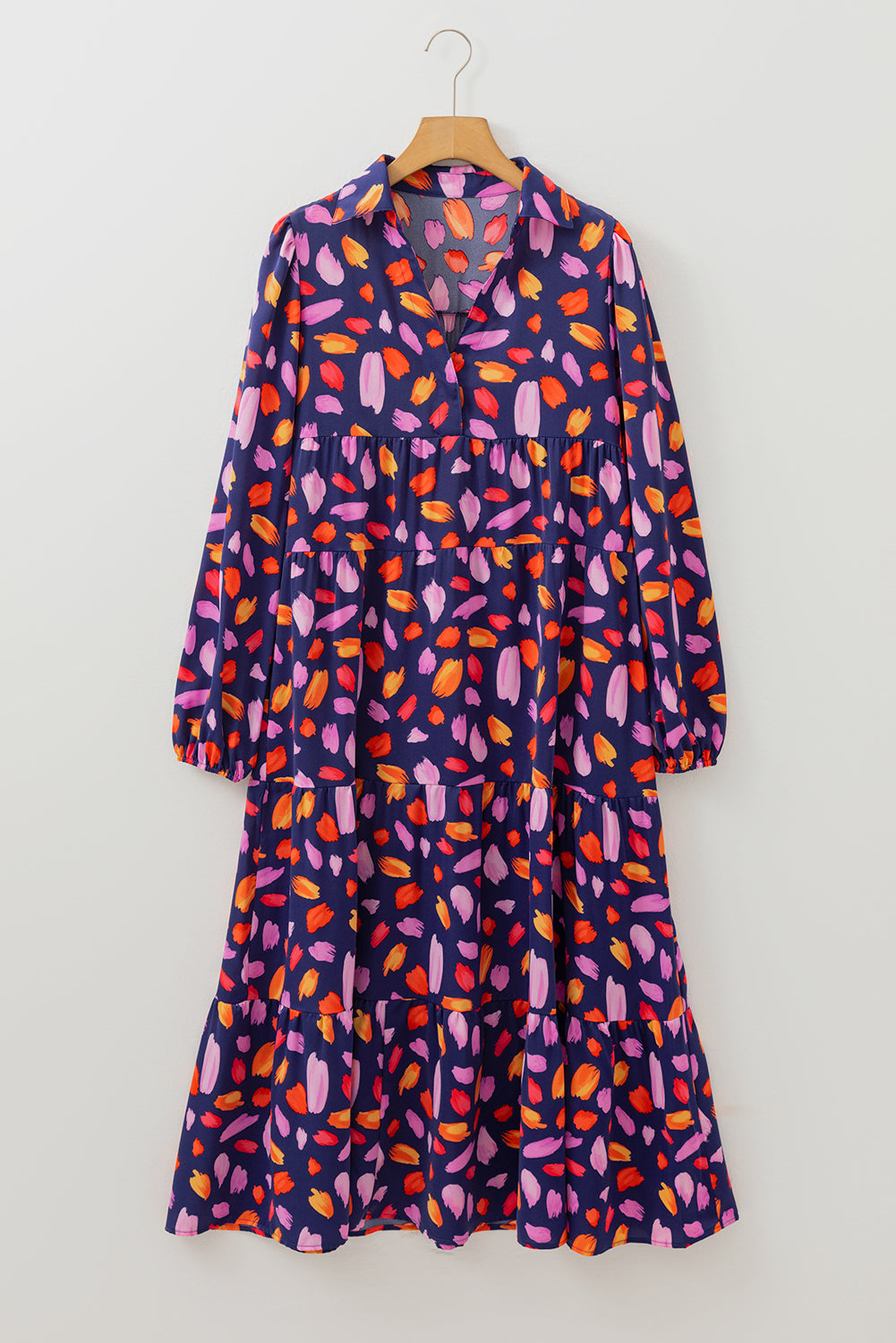 Saylor – Blue Petal Print Collared Tiered Maxi Dress